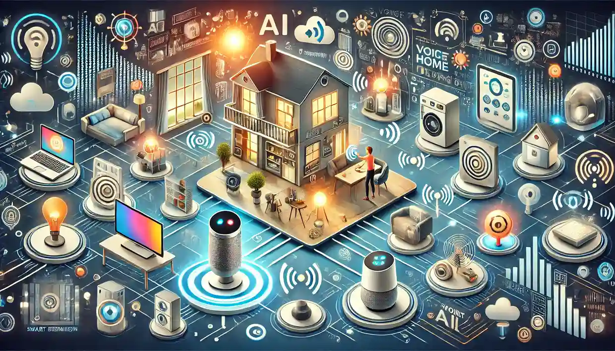 DALL·E 2024-10-24 13.31.32 – An illustration representing voice recognition AI in smart home automation systems. The image should depict a modern smart home environment with vario (1)