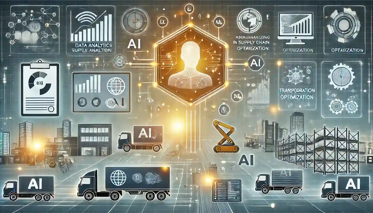 DALL·E 2024-10-24 13.33.16 – An illustration representing the implementation of AI in supply chain management. The image should include elements like data analytics dashboards, AI (1)