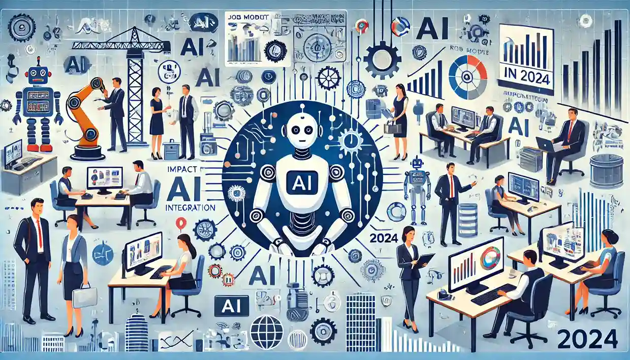 DALL·E 2024-10-24 13.34.50 – An illustration representing the impact of AI on job market trends in 2024. The image should depict various scenarios of AI integration in the workpla (1)